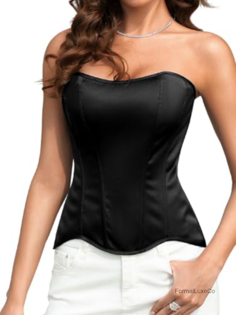 Lustrous Satin Corset - Strapless Overbust Lace-Up Shapewear